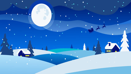 Naklejka premium Santa's nighttime flight over snowy village