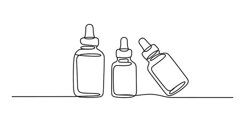Continuous line drawing of three dropper bottles for medicine or essential oil Vector, illustration