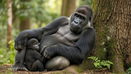 Majestic Silverback Gorilla Protects Its Young Infant in Lush Forest Habitat.