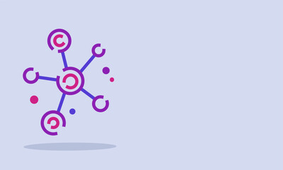 Abstract flat illustration of a molecular structure in dominant purple tones with large empty space for text representing science, chemistry, and research concepts