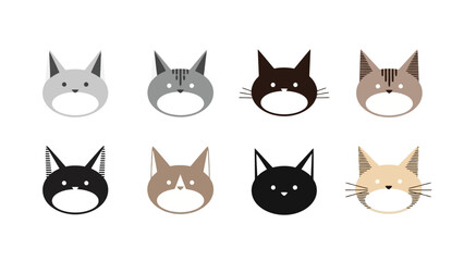 Set of eight minimalist cat head illustrations in various colors and designs