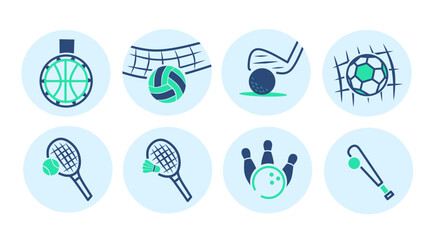 Flat style sports scene illustration icons featuring blue and green sports equipment icons inside circular shapes representing athletic activities, fitness, and recreation concepts