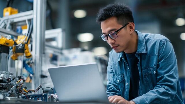 Asian Male Mechatronics Engineer Tuning Robotic System