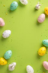 Vivid vertical Easter eggs in pastel shades encircle a bright lime background, creating a festive spring scene