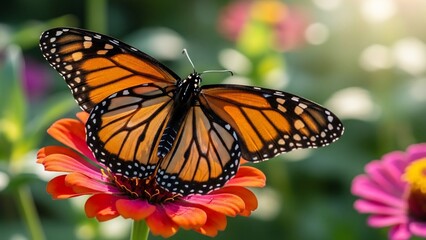 Fototapeta premium Monarch Butterfly Perched on a Vibrant Zinnia Flower in a Sunny Garden.