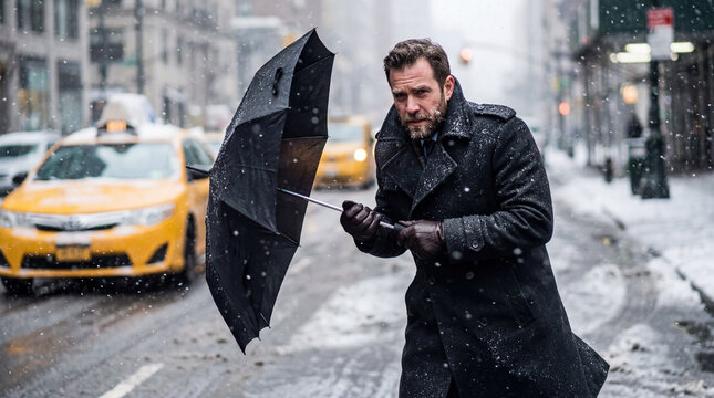 Man in a black coat struggling with a windblown umbrella during a snowstorm in the city. Professional fighting harsh winter weather with yellow taxis in the background. - Powered by Adobe