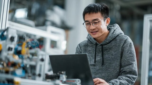 Asian male mechatronics engineer smiling while tuning robotic system via laptop.
