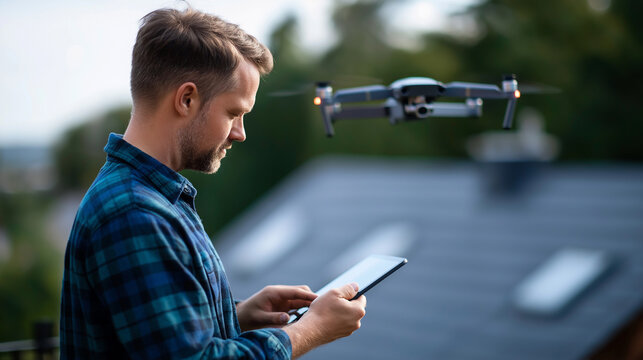 Faceless man in blue plaid shirt controlling drone heavily defocused house roof background anonymous person inspecting with tablet drone hovering above displaying inspection