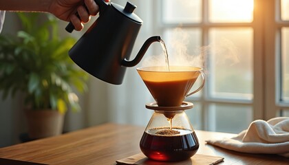 Man pours hot water from kettle onto coffee grounds in filter. Steam rises from brewing process into carafe. Morning sun lights room, creating cozy atmosphere. Coffee drink preparation.