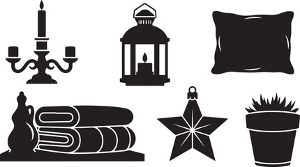 Cozy home decor and holiday icons silhouette set