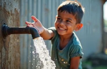 Smiling boy catches flowing water from outdoor pipe. Child plays with clear liquid splashing from tap. Joyful kid enjoys refreshing stream outdoors on sunny day.