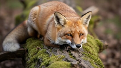 Red Fox Resting on Mossy Log in Forest.