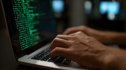 Close up of hands typing on a laptop displaying glowing green computer code in the dark