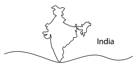 Minimalist continuous line drawing of the geographical map of india on a plain white background. Vector, illustration