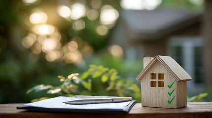 Home inspection concept with miniature wooden house defocused checklist background with green ticks marked property assessment visualization residential quality verification