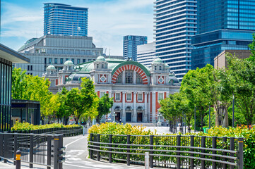 Osaka City Central Public Hall and Osaka cityscape with Skyline and office building and downtown of Osaka city, Japan