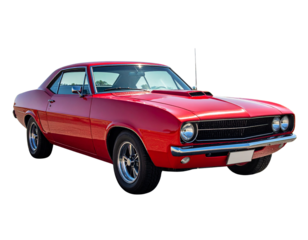 Classic Red Muscle Car Parked in Sunlight, Front Three-Quarter View 