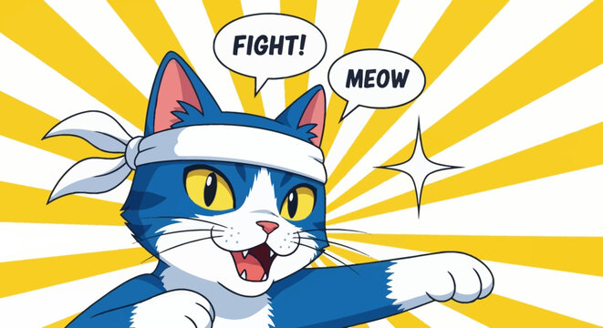 Blue cartoon cat with headband saying fight and meow on a yellow and white striped background
