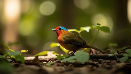 Fototapeta premium Vibrant Blue-Headed Pitta Bird Perched in Lush Forest Undergrowth.