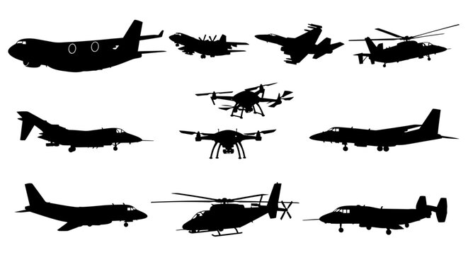 Silhouette collection of various aircraft including planes helicopters and drones on a white background