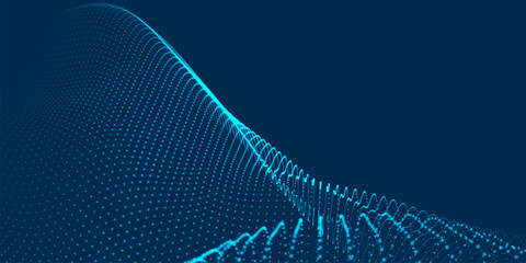An abstract colorful wave of glowing dots that creates the illusion of moving waves on a dark background. The visualization resembles a dynamic vector 3D wave that combines technology, art of the