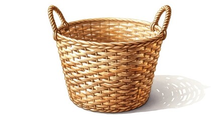 Obraz premium Woven wicker container featuring two rounded handles casts a distinct shadow on a white background