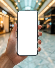 First Person Close Up View of Hand Holding a Vertical White Blank Screen Smartphone Mockup Against a Blurred Modern Shopping Mall Interior Background with Bright Lights