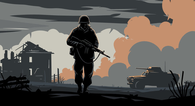 A soldier walking with a rifle in a war zone with a tank and destroyed building in the background