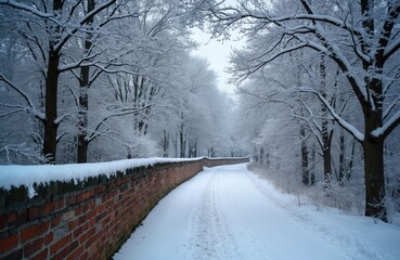 Snow covered path winds beside an old brick wall through a park. Bare trees dusted with frost line the serene winter lane. Cold weather season nature scene, no people present.