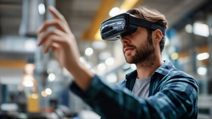 Faceless male engineer using VR technology heavily defocused industrial machinery background anonymous professional inspecting factory setting with virtual reality modern