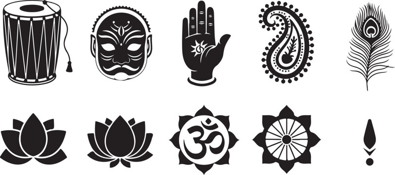 Indian cultural symbols set black silhouette icons