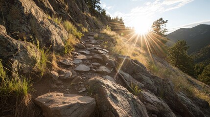 Obraz premium Hiking trail in a mountain area with sunlight shining through trees