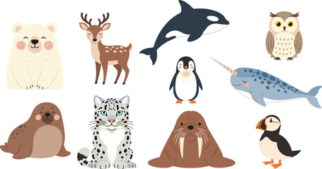 Cute Arctic and North Pole Animals Vector Collection with Polar Bear, Narwhal, Orca, Puffin, Seal, Deer, and Snow Leopard for Winter Designs © MstBobita