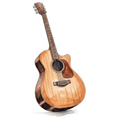 Watercolor illustration depicts a wooden acoustic stringed instrument leaning slightly