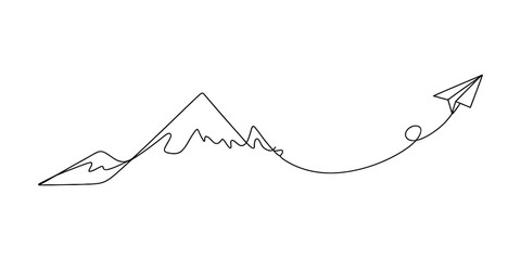 Continuous line drawing of a paper airplane flying over mountain peaks, symbolizing journey Vector, illustration