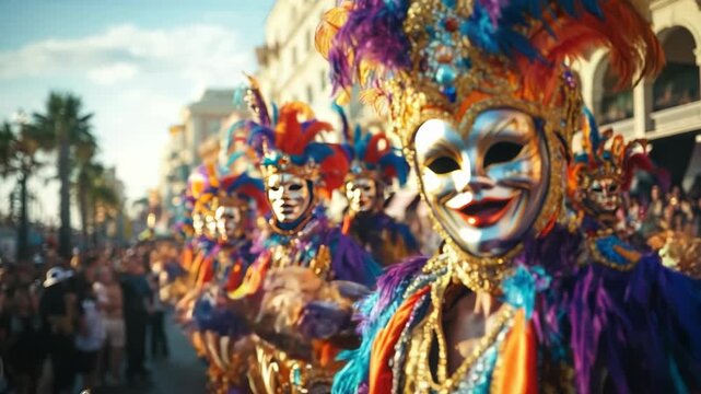 A lively group of performers parades through the streets of Santa Cruz de Tenerife, showcasing their colorful costumes and vibrant masks. The atmosphere is filled with joy and excitement