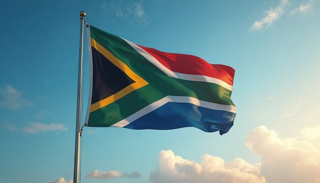 South African flag waves on pole against bright blue sky with white clouds. The national banner with green red blue yellow black and white colors ripples in the wind, signifying freedom and pride.