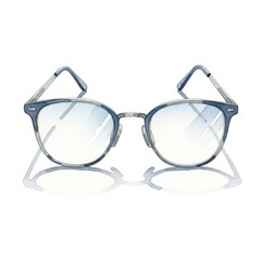 Watercolor illustration depicts a pair of round optical frames with blue rims resting on a reflective white surface.
