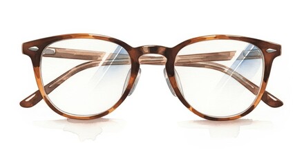 Watercolor illustration displays tortoiseshell optical frames with clear lenses resting on a white surface.