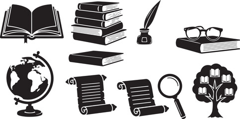 Education and knowledge icons set black silhouette