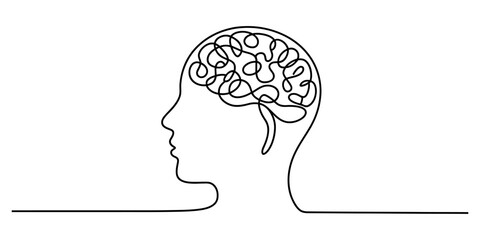 Continuous line art illustrating human head profile and complex brain structure Vector, illustration