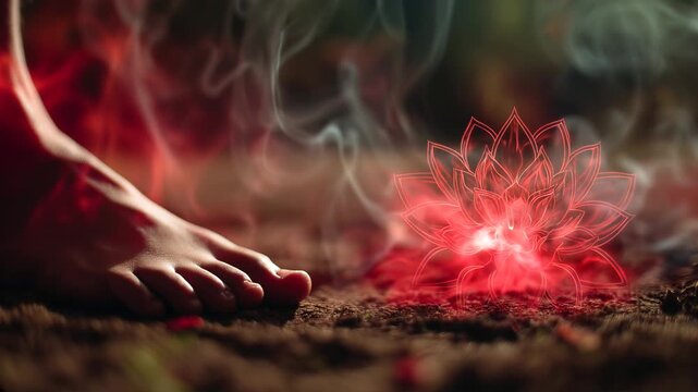 first chakra root chakra red lotus symbol emitting red energy on the ground with bare feet on the grass soil. grounding rooting earthing back to the roots muladhara 1st chakra