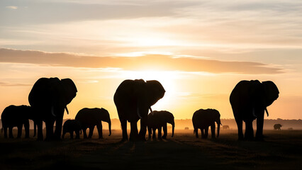 Fototapeta premium Silhouette of an Elephant Herd Against a Stunning Sunset on a Serengeti Plain