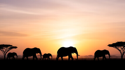 Fototapeta premium Serene African savannah sunset featuring silhouetted elephants and acacia trees for a tranquil