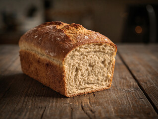 Freshly baked homemade loaf of white bread on a rustic wooden table background, closeup view of golden crust and soft crumb texture, traditional bakery food concept.