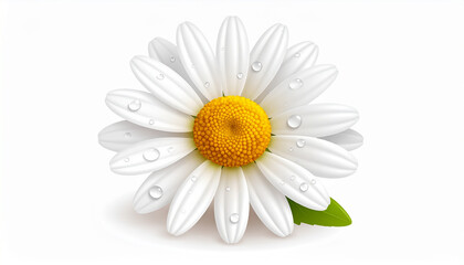 Obraz premium Close-up of a White Daisy Flower with Water Droplets and One Leaf yellow center