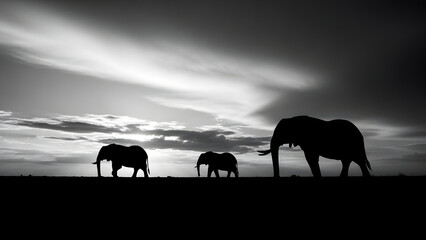 Serene silhouette of elephants walking across the plains under a dramatic sky in black and white