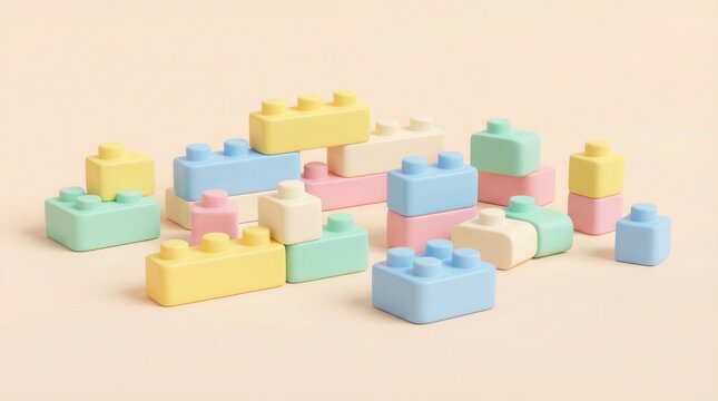 Soft pastel building blocks scattered on a light peach background, creating a playful composition