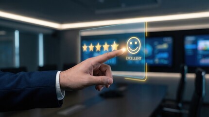 Fototapeta premium Businessman's finger touching a five-star rating and excellent smiley face on a digital screen