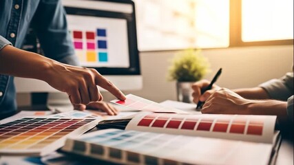 Person analyzing color samples and design layouts on laptop